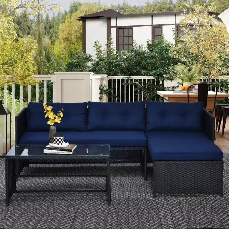 Outsunny Salon de Jardin 3 Pièces en Rotin, Ensemble Canapé d'Extérieur avec Méridienne et Causeuse, Coussins Moelleux, Table, Canapé d'Angle en Forme de L