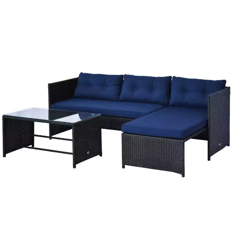 Outsunny Salon de Jardin 3 Pièces en Rotin, Ensemble Canapé d'Extérieur avec Méridienne et Causeuse, Coussins Moelleux, Table, Canapé d'Angle en Forme de L