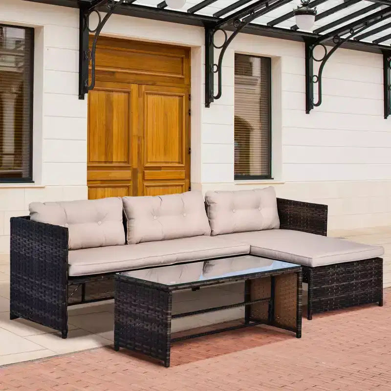 Outsunny Salon de Jardin 3 Pièces en Rotin, Ensemble Canapé d'Extérieur avec Méridienne et Causeuse, Coussins Moelleux, Table, Canapé d'Angle en Forme de L