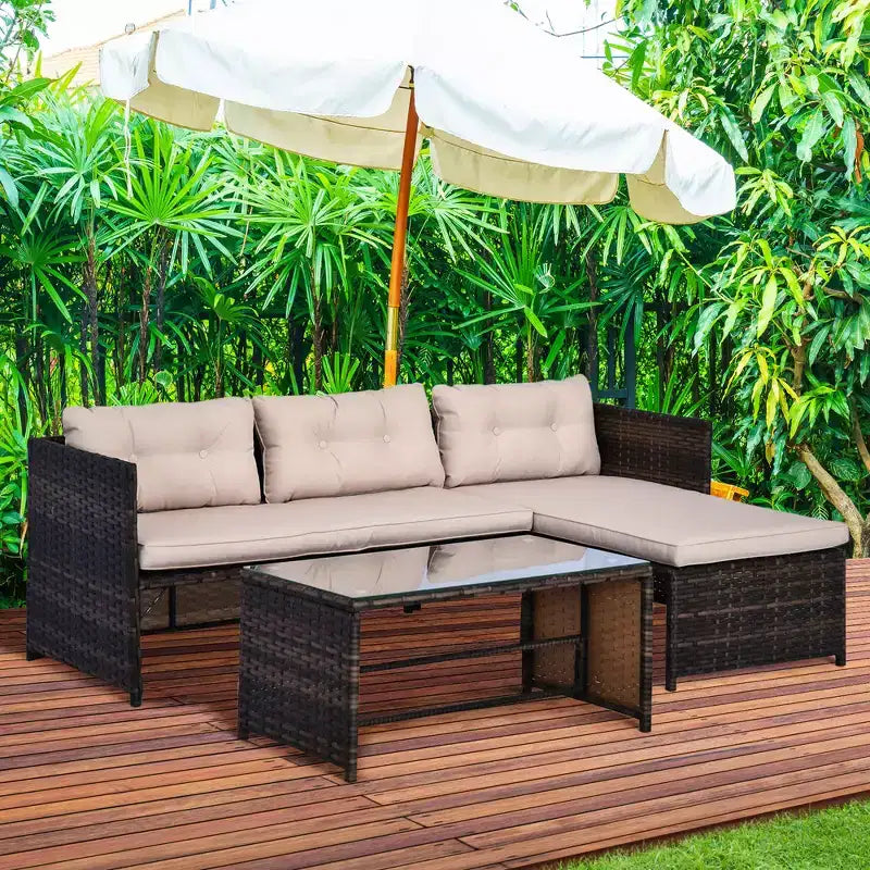 Outsunny Salon de Jardin 3 Pièces en Rotin, Ensemble Canapé d'Extérieur avec Méridienne et Causeuse, Coussins Moelleux, Table, Canapé d'Angle en Forme de L