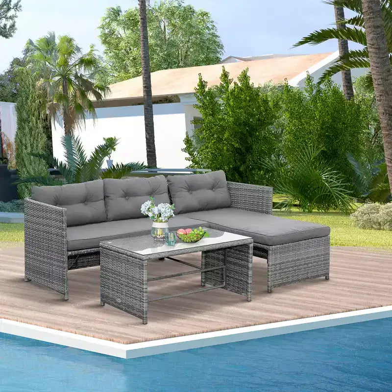 Outsunny Salon de Jardin 3 Pièces en Rotin, Ensemble Canapé d'Extérieur avec Méridienne et Causeuse, Coussins Moelleux, Table, Canapé d'Angle en Forme de L