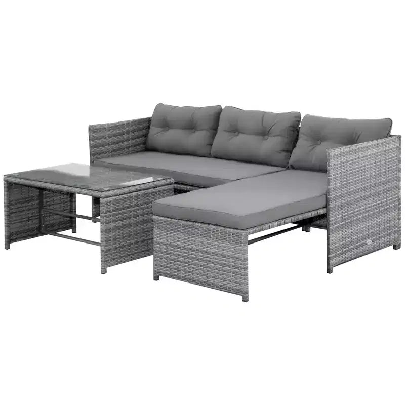 Outsunny Salon de Jardin 3 Pièces en Rotin, Ensemble Canapé d'Extérieur avec Méridienne et Causeuse, Coussins Moelleux, Table, Canapé d'Angle en Forme de L