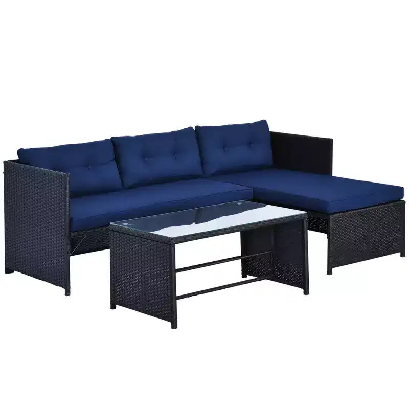Outsunny Salon de Jardin 3 Pièces en Rotin, Ensemble Canapé d'Extérieur avec Méridienne et Causeuse, Coussins Moelleux, Table, Canapé d'Angle en Forme de L