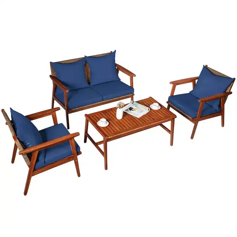 Costway Ensemble de Meubles de Jardin en Rotin 4 Pièces, Cadre en Bois d'Acacia, Canapé et Chaises Rembourrés