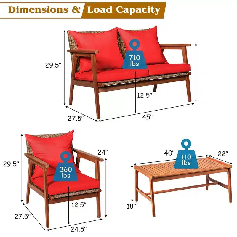Costway Ensemble de Meubles de Jardin en Rotin 4 Pièces, Cadre en Bois d'Acacia, Canapé et Chaises Rembourrés