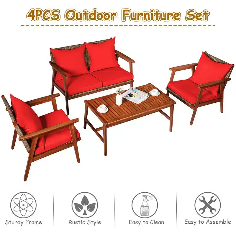 Costway Ensemble de Meubles de Jardin en Rotin 4 Pièces, Cadre en Bois d'Acacia, Canapé et Chaises Rembourrés