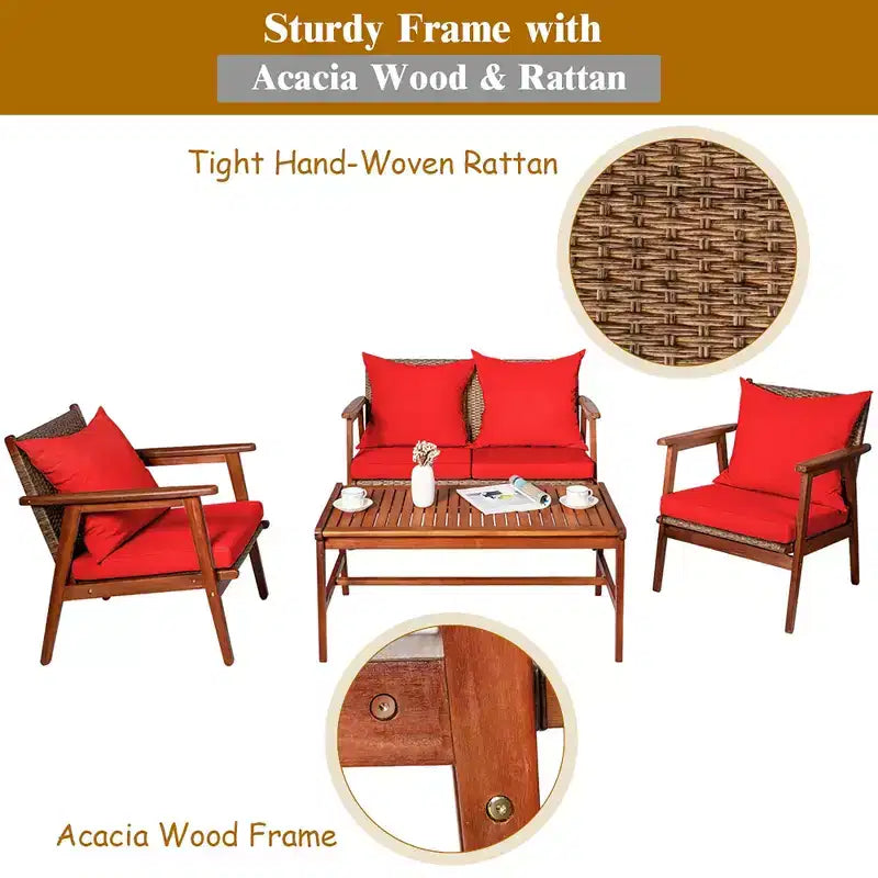 Costway Ensemble de Meubles de Jardin en Rotin 4 Pièces, Cadre en Bois d'Acacia, Canapé et Chaises Rembourrés