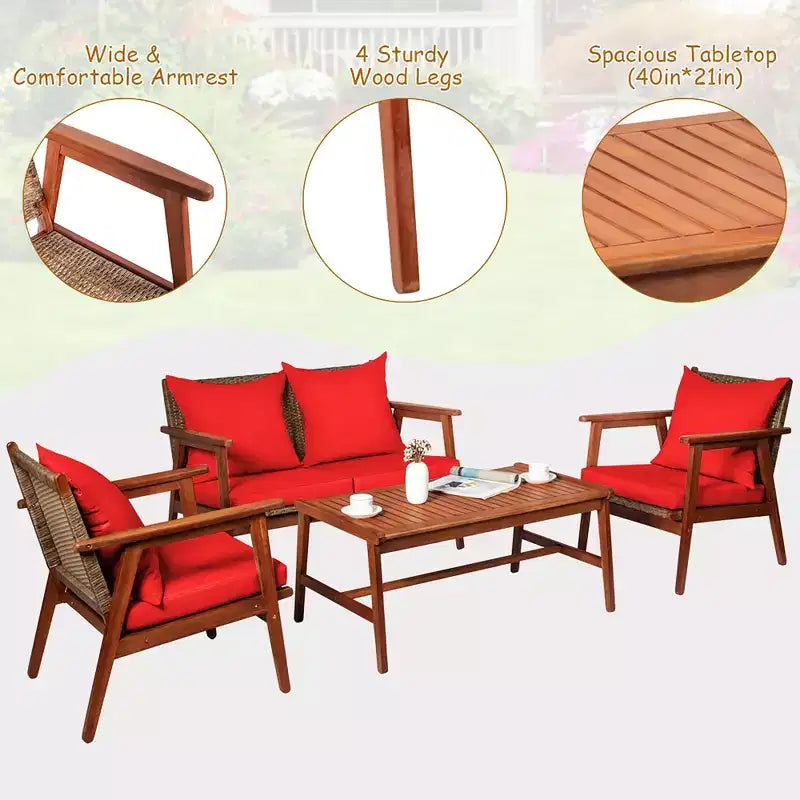 Costway Ensemble de Meubles de Jardin en Rotin 4 Pièces, Cadre en Bois d'Acacia, Canapé et Chaises Rembourrés
