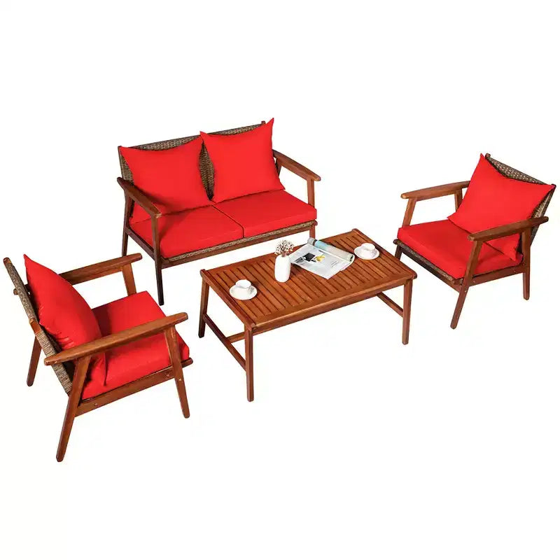 Costway Ensemble de Meubles de Jardin en Rotin 4 Pièces, Cadre en Bois d'Acacia, Canapé et Chaises Rembourrés
