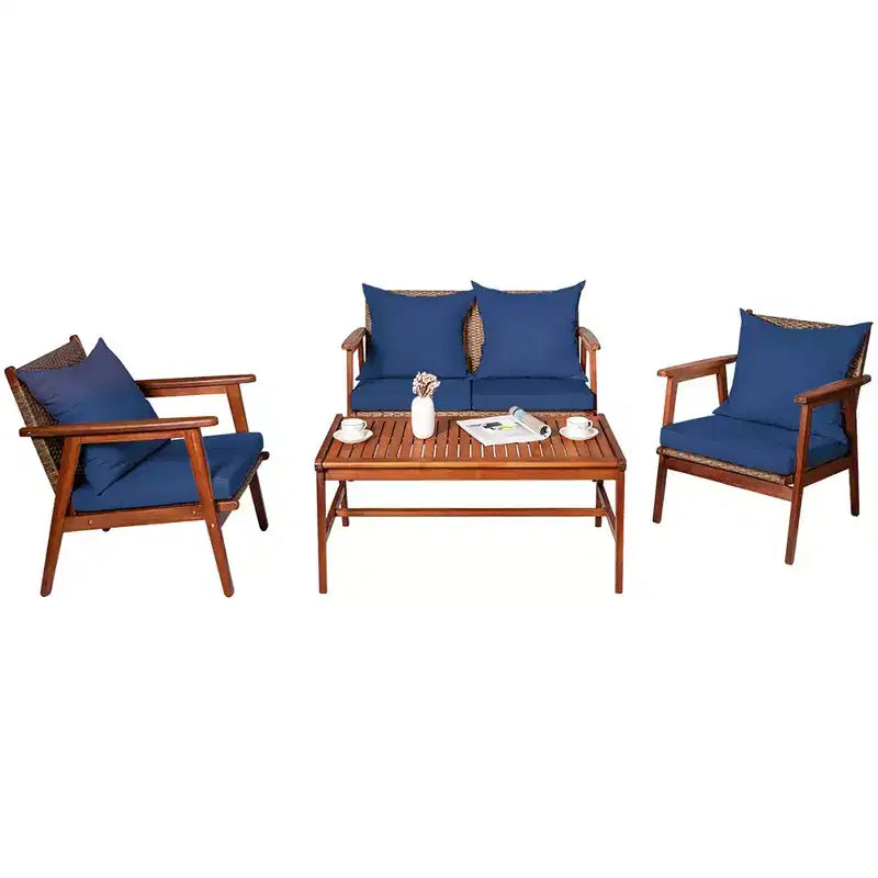 Costway Ensemble de Meubles de Jardin en Rotin 4 Pièces, Cadre en Bois d'Acacia, Canapé et Chaises Rembourrés