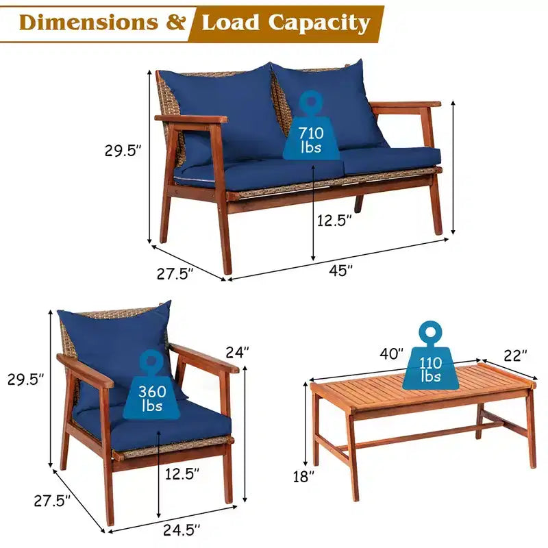 Costway Ensemble de Meubles de Jardin en Rotin 4 Pièces, Cadre en Bois d'Acacia, Canapé et Chaises Rembourrés