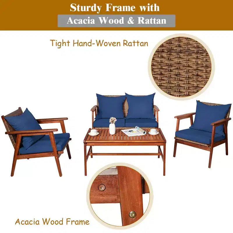 Costway Ensemble de Meubles de Jardin en Rotin 4 Pièces, Cadre en Bois d'Acacia, Canapé et Chaises Rembourrés