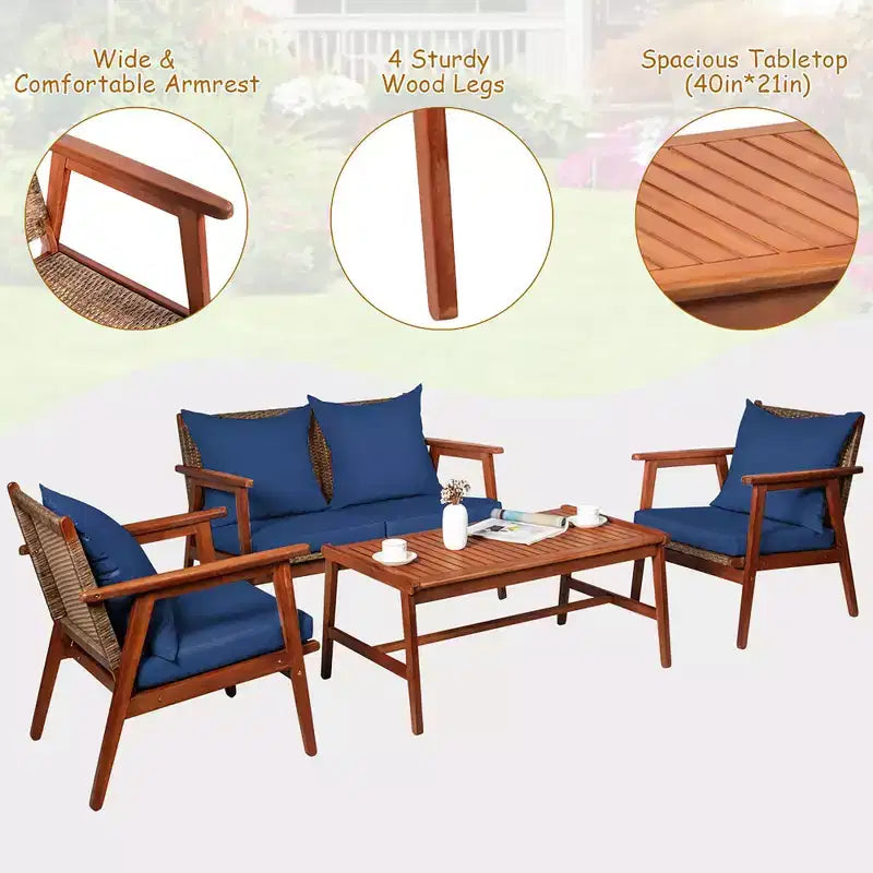 Costway Ensemble de Meubles de Jardin en Rotin 4 Pièces, Cadre en Bois d'Acacia, Canapé et Chaises Rembourrés