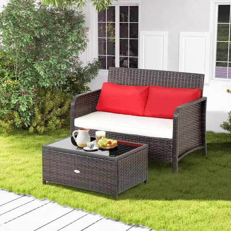 Costway 2PCS Patio Rattan Wicker Love-seat Coffee Table Set Cushioned Bench Garden Deck
