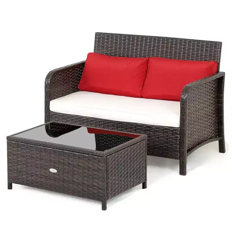 Costway Lot de 2 tables basses et canapés en rotin pour patio, avec banc rembourré pour jardin et terrasse