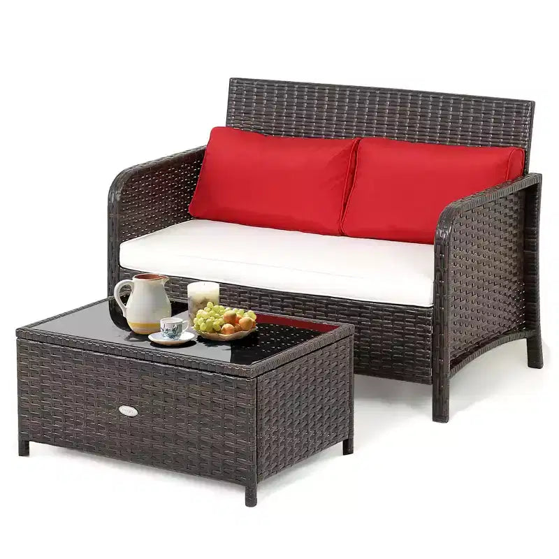 Costway Lot de 2 tables basses et canapés en rotin pour patio, avec banc rembourré pour jardin et terrasse