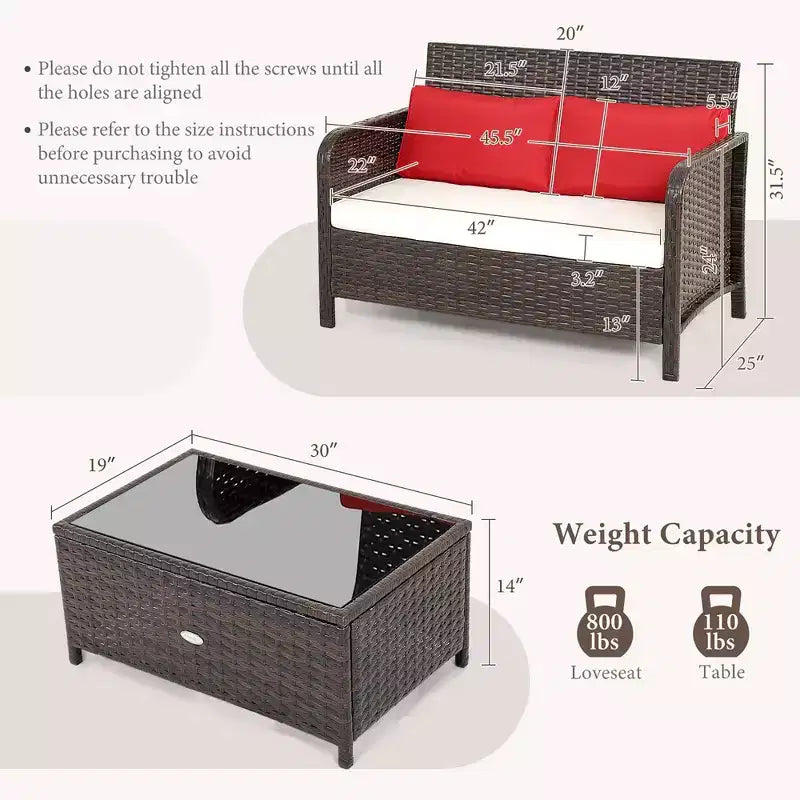 Costway Lot de 2 tables basses et canapés en rotin pour patio, avec banc rembourré pour jardin et terrasse