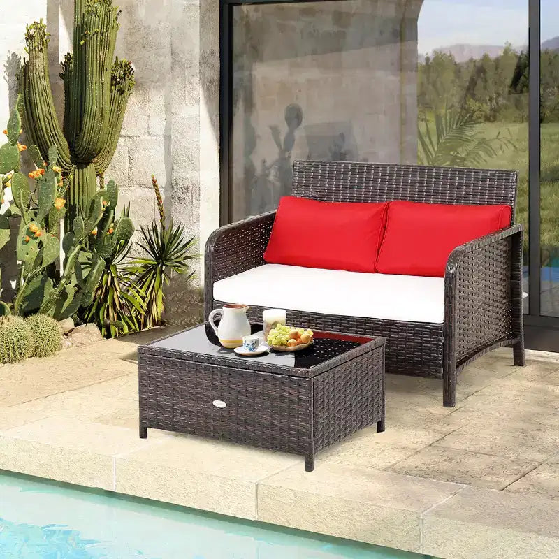 Costway Lot de 2 tables basses et canapés en rotin pour patio, avec banc rembourré pour jardin et terrasse