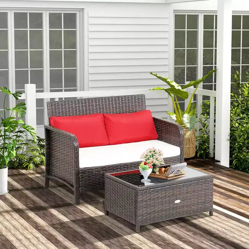 Costway Lot de 2 tables basses et canapés en rotin pour patio, avec banc rembourré pour jardin et terrasse