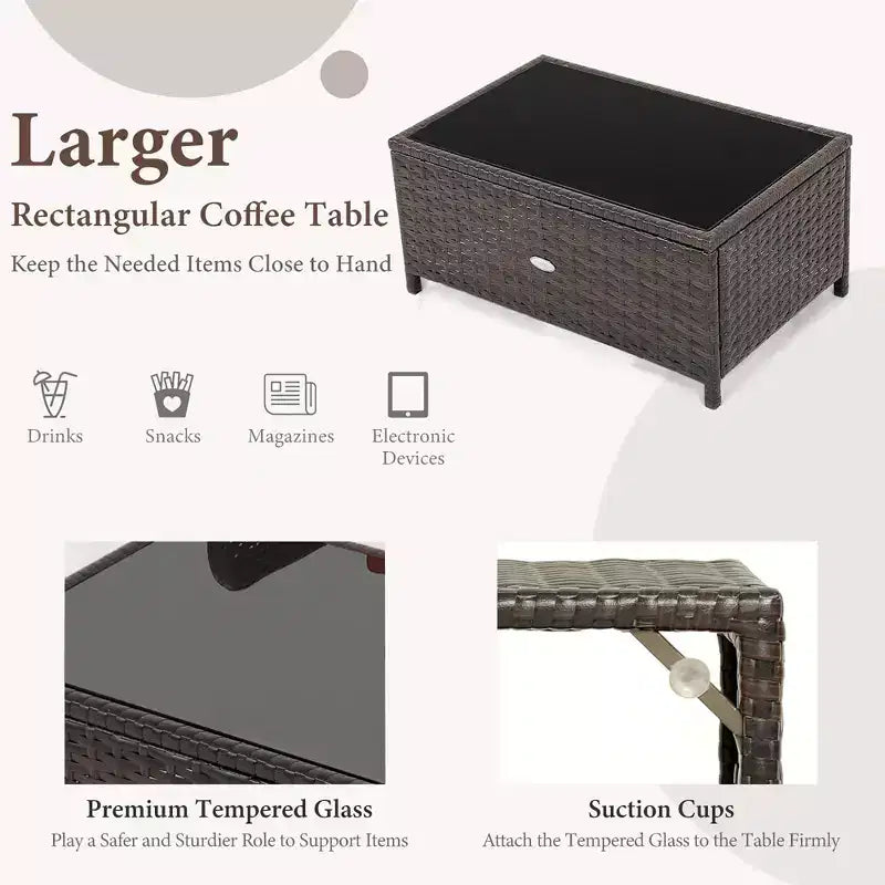 Costway Lot de 2 tables basses et canapés en rotin pour patio, avec banc rembourré pour jardin et terrasse
