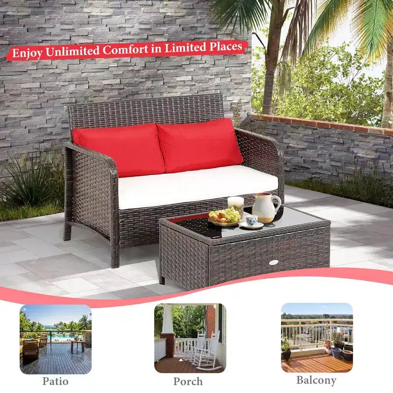 Costway Lot de 2 tables basses et canapés en rotin pour patio, avec banc rembourré pour jardin et terrasse