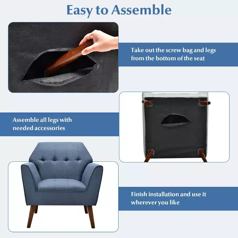 Costway Modern Tufted Fabric Accent Chair Upholstered Armchair with Rubber Wood Legs Blue/Grey