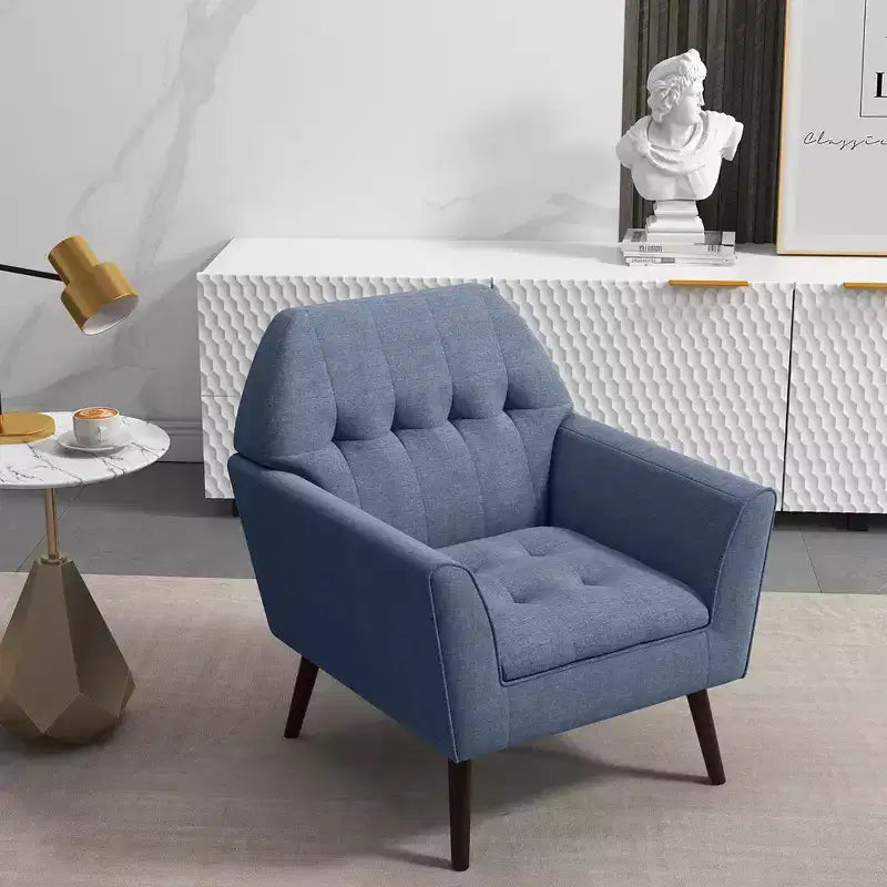 Costway Modern Tufted Fabric Accent Chair Upholstered Armchair with Rubber Wood Legs Blue/Grey