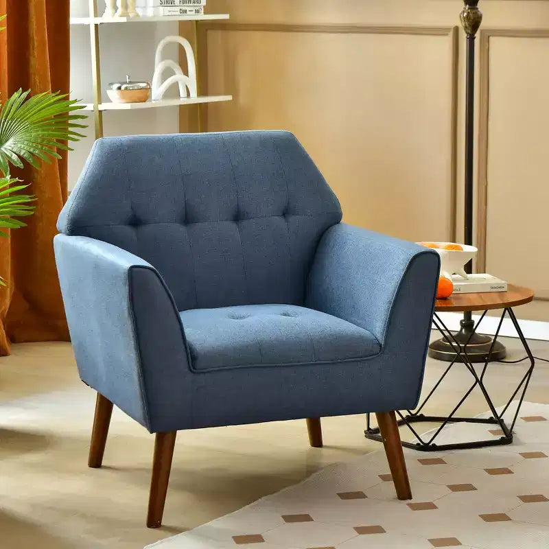 Costway Modern Tufted Fabric Accent Chair Upholstered Armchair with Rubber Wood Legs Blue/Grey