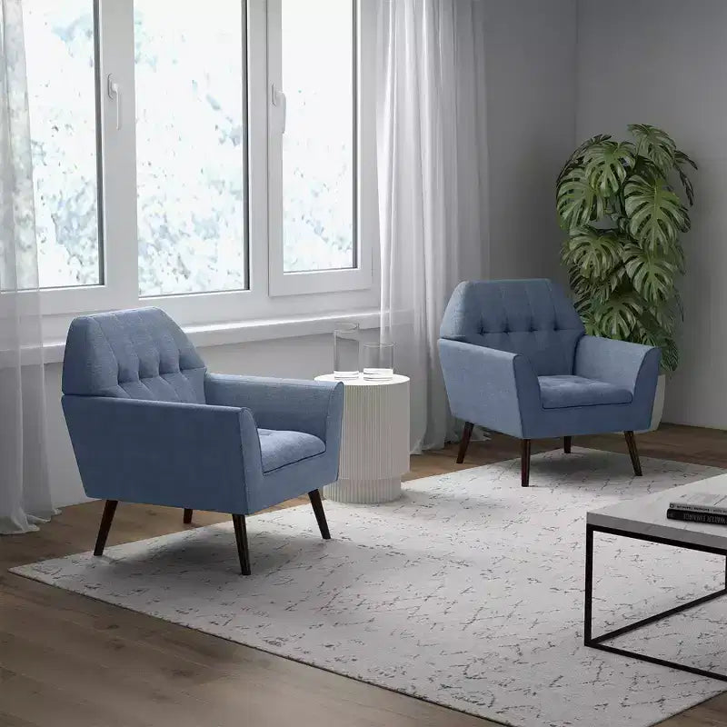 Costway Modern Tufted Fabric Accent Chair Upholstered Armchair with Rubber Wood Legs Blue/Grey