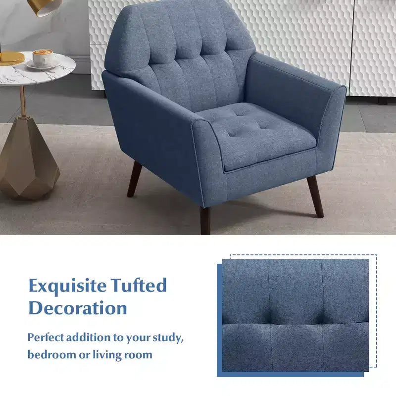 Costway Modern Tufted Fabric Accent Chair Upholstered Armchair with Rubber Wood Legs Blue/Grey
