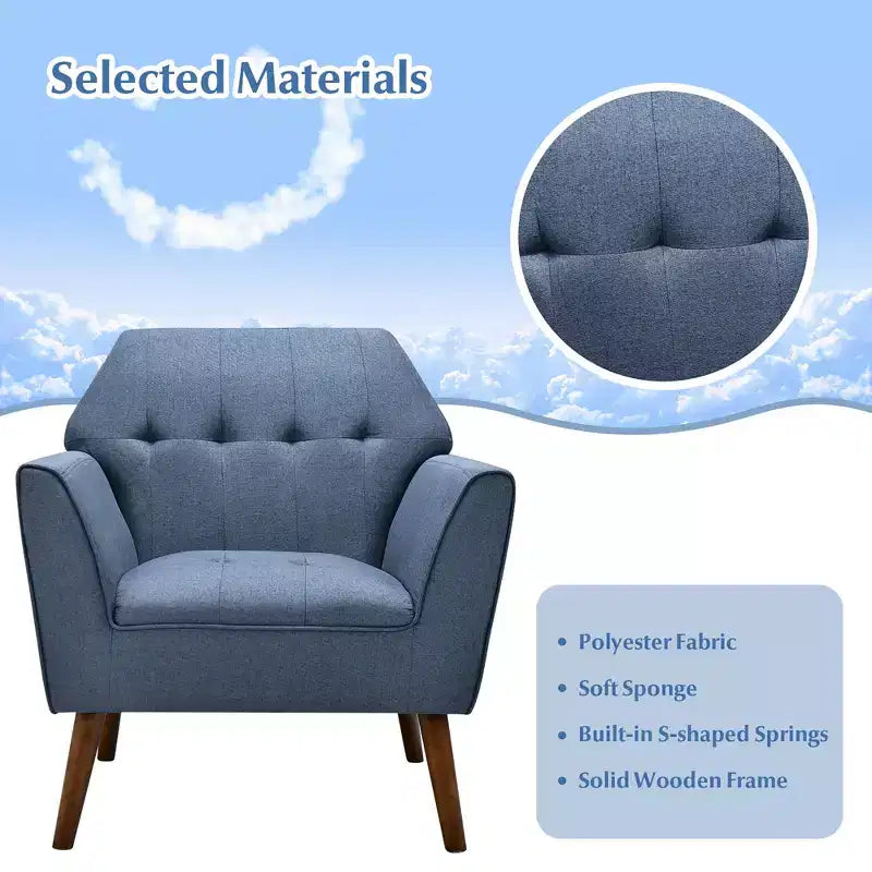 Costway Modern Tufted Fabric Accent Chair Upholstered Armchair with Rubber Wood Legs Blue/Grey