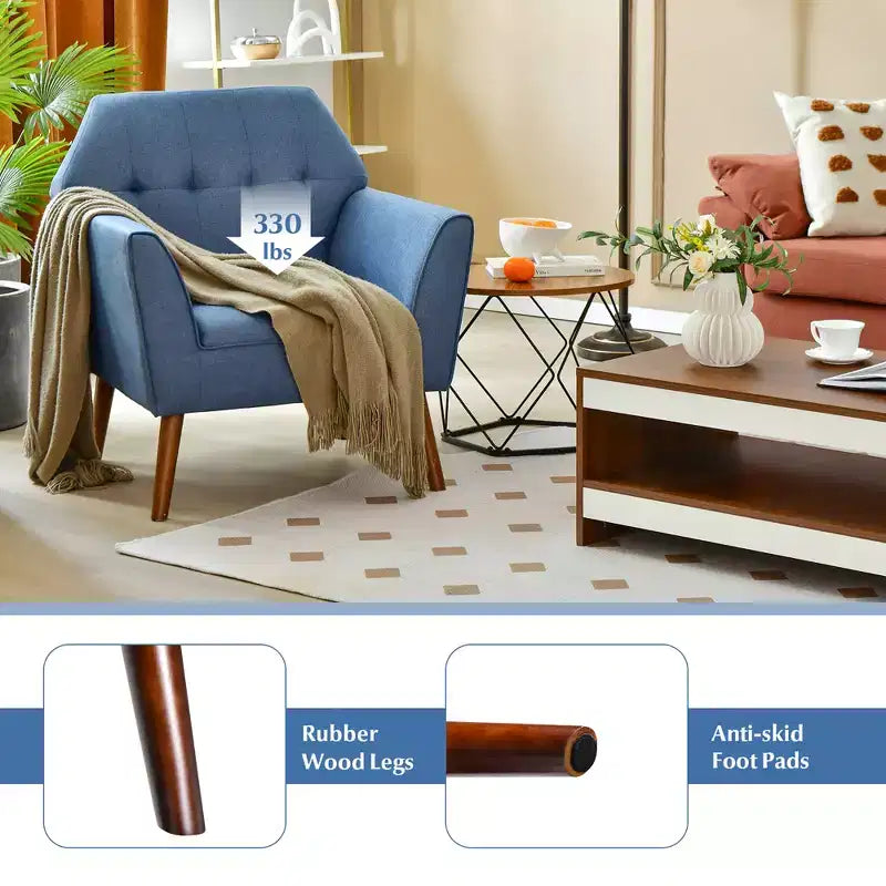 Costway Modern Tufted Fabric Accent Chair Upholstered Armchair with Rubber Wood Legs Blue/Grey