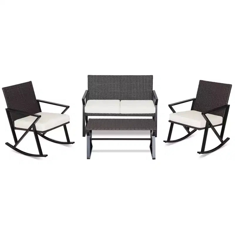 Costway Ensemble de 4 fauteuils à bascule, causeuse et table en rotin pour patio avec coussins