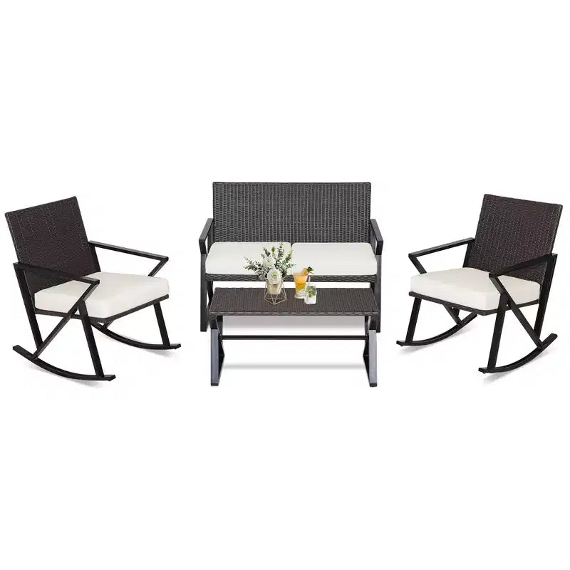 Costway Ensemble de 4 fauteuils à bascule, causeuse et table en rotin pour patio avec coussins