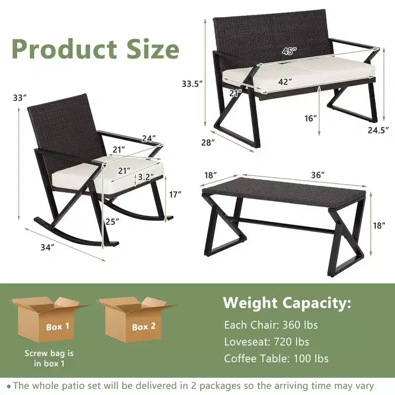 Costway Ensemble de 4 fauteuils à bascule, causeuse et table en rotin pour patio avec coussins