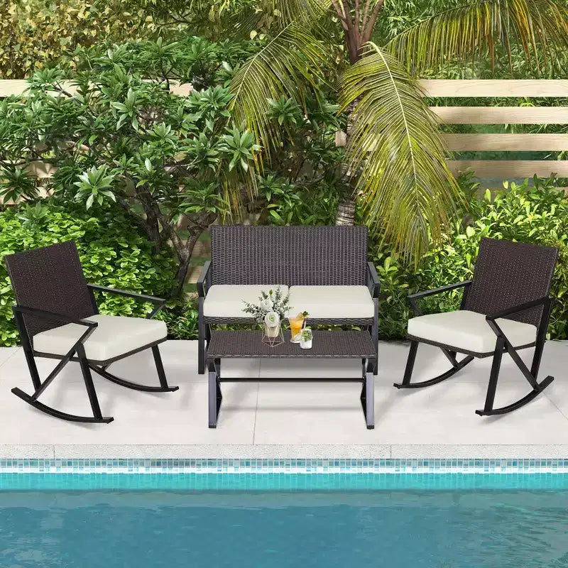 Costway Ensemble de 4 fauteuils à bascule, causeuse et table en rotin pour patio avec coussins