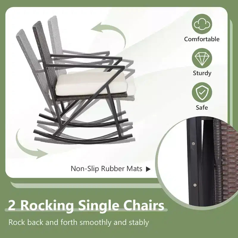 Costway Ensemble de 4 fauteuils à bascule, causeuse et table en rotin pour patio avec coussins