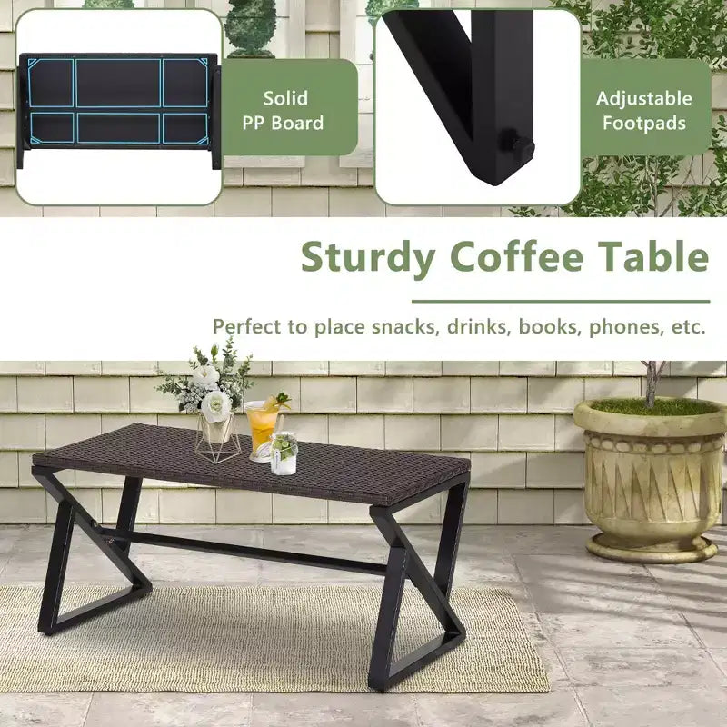 Costway Ensemble de 4 fauteuils à bascule, causeuse et table en rotin pour patio avec coussins