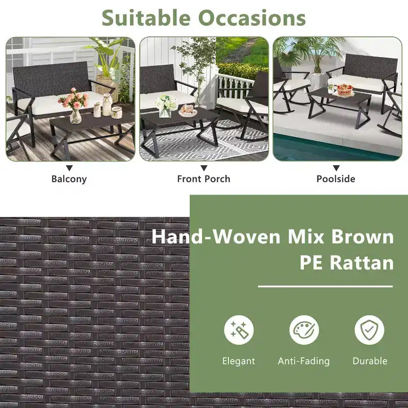 Costway Ensemble de 4 fauteuils à bascule, causeuse et table en rotin pour patio avec coussins