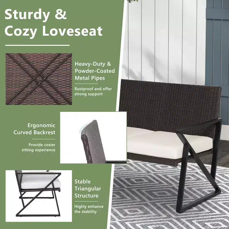 Costway Ensemble de 4 fauteuils à bascule, causeuse et table en rotin pour patio avec coussins