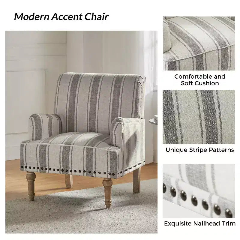 Set of 2 Venere Bedroom Wooden Upholstered Armchair with Nailhead Trim and Unique Stripe Design| ART OF LIVING DESIGNS
