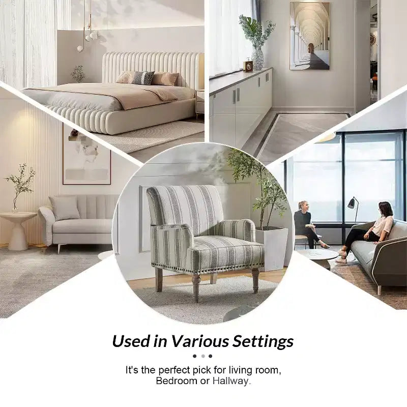 Set of 2 Venere Bedroom Wooden Upholstered Armchair with Nailhead Trim and Unique Stripe Design| ART OF LIVING DESIGNS