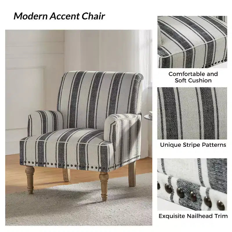 Set of 2 Venere Bedroom Wooden Upholstered Armchair with Nailhead Trim and Unique Stripe Design| ART OF LIVING DESIGNS