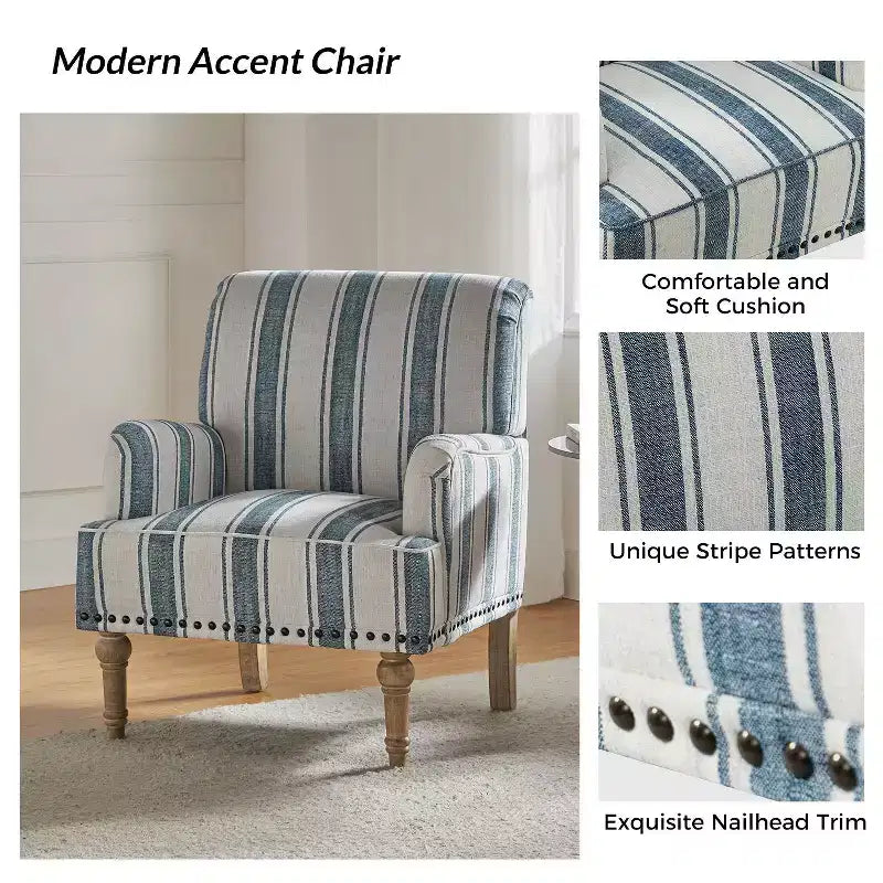 Set of 2 Venere Bedroom Wooden Upholstered Armchair with Nailhead Trim and Unique Stripe Design| ART OF LIVING DESIGNS