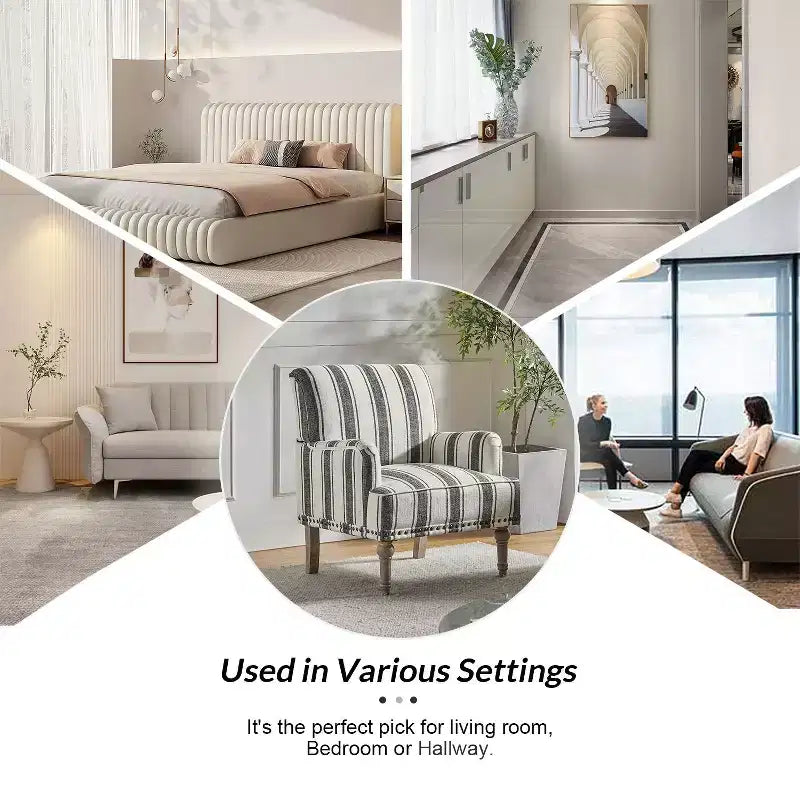 Set of 2 Venere Bedroom Wooden Upholstered Armchair with Nailhead Trim and Unique Stripe Design| ART OF LIVING DESIGNS