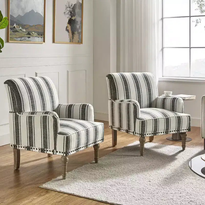 Set of 2 Venere Bedroom Wooden Upholstered Armchair with Nailhead Trim and Unique Stripe Design| ART OF LIVING DESIGNS