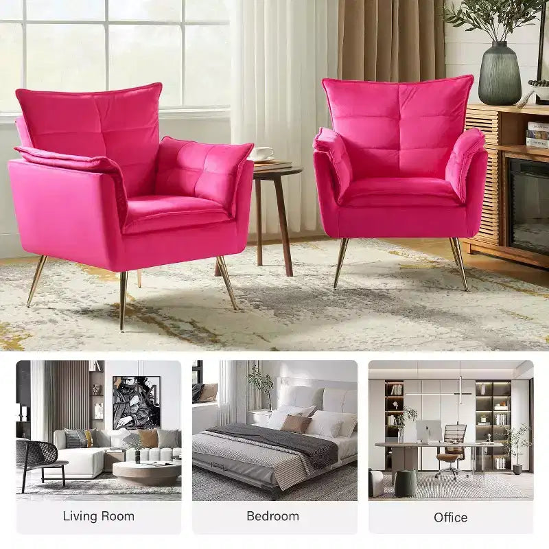 Set of 2 Jonat Contemporary Velvet Wooden Upholstered Armchair with Metal Legs for Bedroom and Living Room| ART OF LIVING DESIGNS
