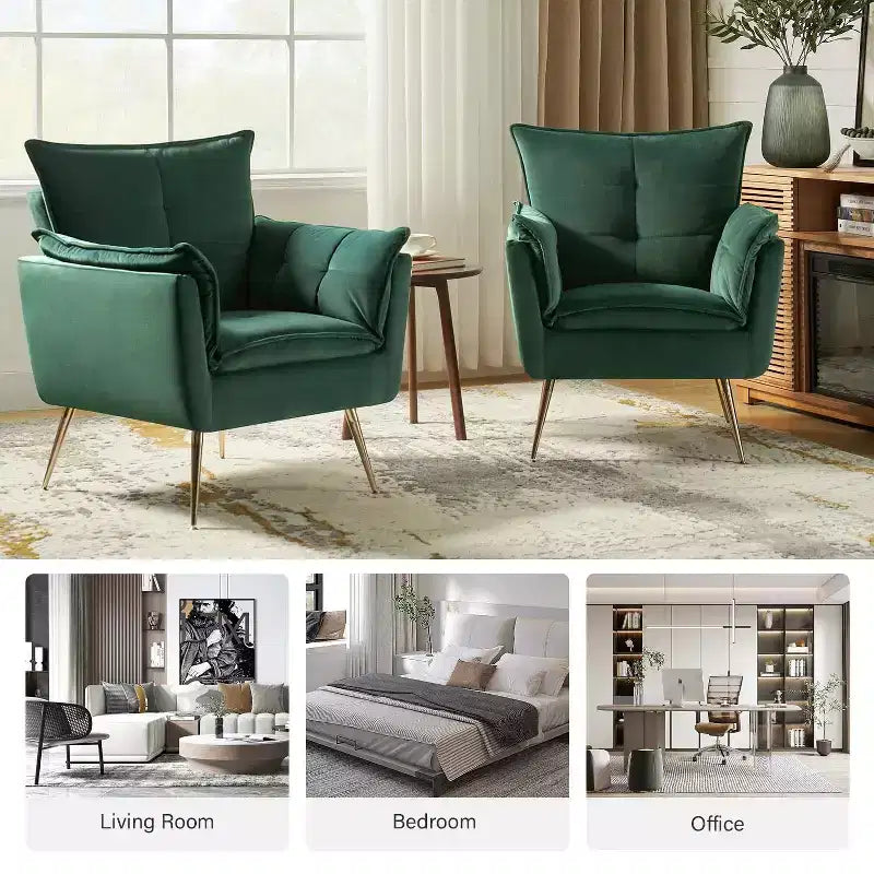Set of 2 Jonat Contemporary Velvet Wooden Upholstered Armchair with Metal Legs for Bedroom and Living Room| ART OF LIVING DESIGNS