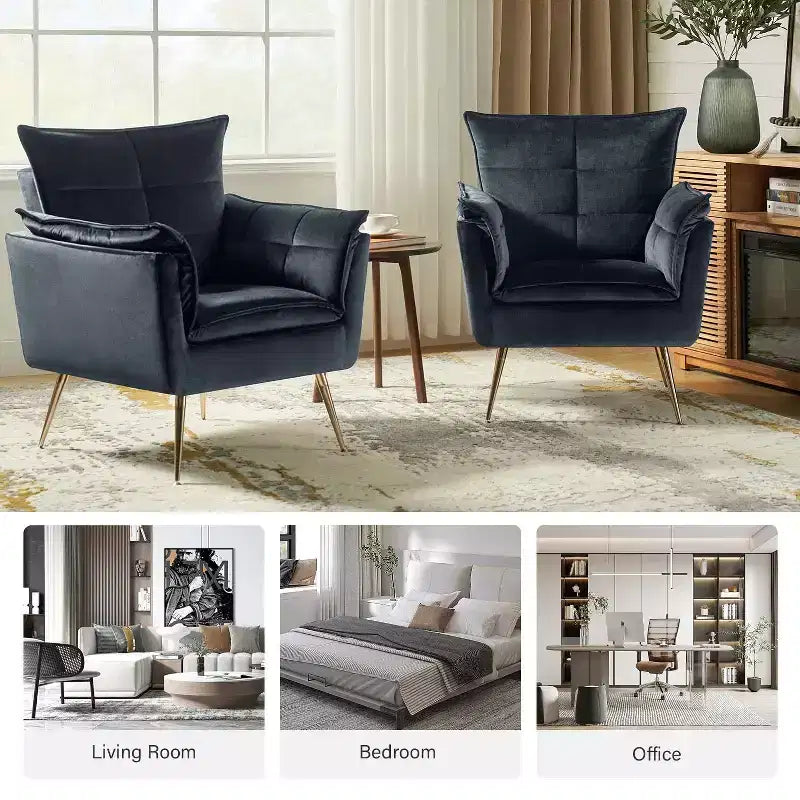 Set of 2 Jonat Contemporary Velvet Wooden Upholstered Armchair with Metal Legs for Bedroom and Living Room| ART OF LIVING DESIGNS