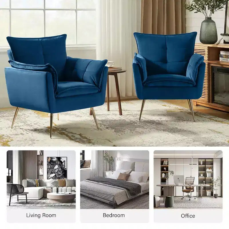 Set of 2 Jonat Contemporary Velvet Wooden Upholstered Armchair with Metal Legs for Bedroom and Living Room| ART OF LIVING DESIGNS